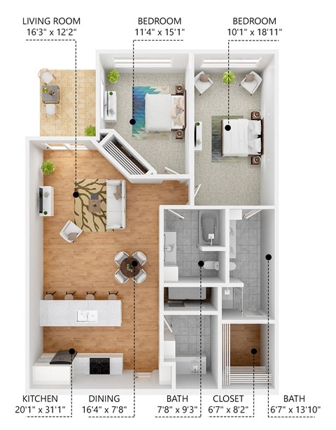 Floor plan for 2 beds, 2 baths, 1184 sqft